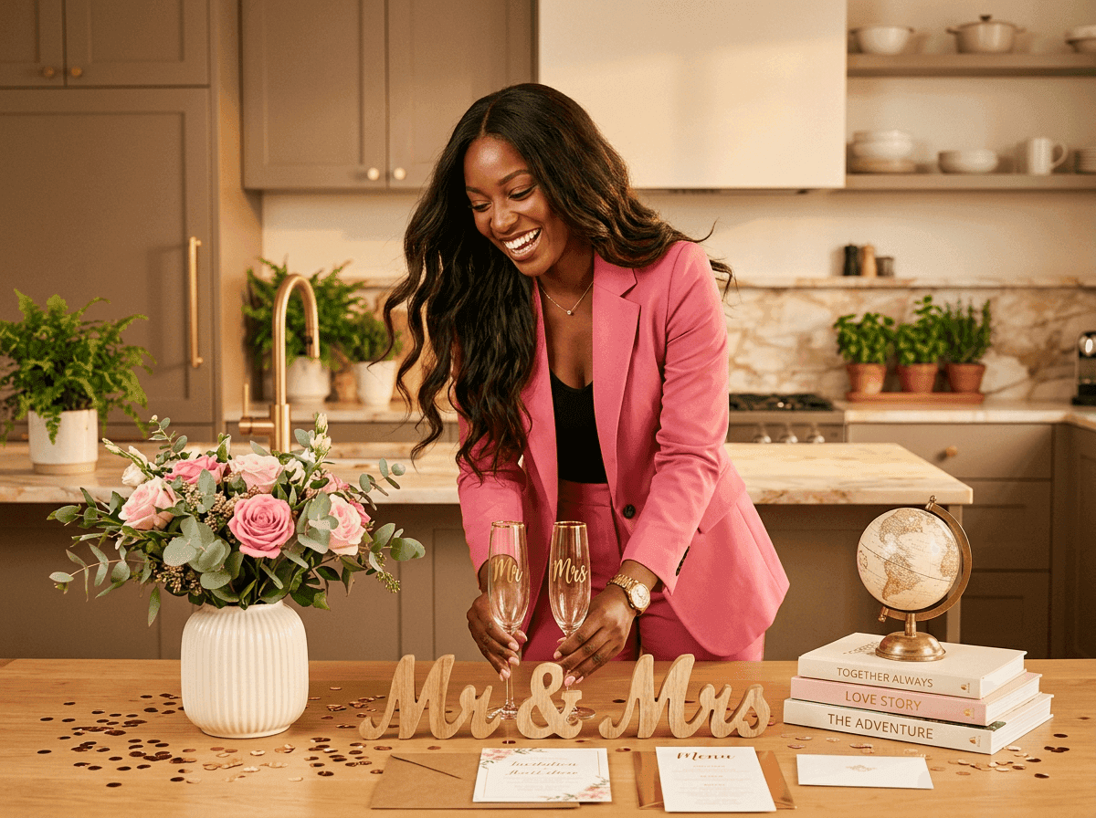 Wedding planner souriante préparant la papeterie et la décoration florale d'un mariage avec Aurian